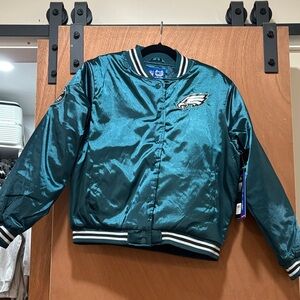 Womans Teal satin Philadelphia Eagles Jacket button up bomber jacket size M NWT